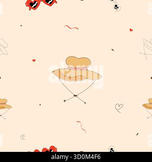 Summer fashion seamless pattern with hat and sunglasses in minimal vector style, perfect for travel, vacation, holiday, and beach background designs Stock Vector