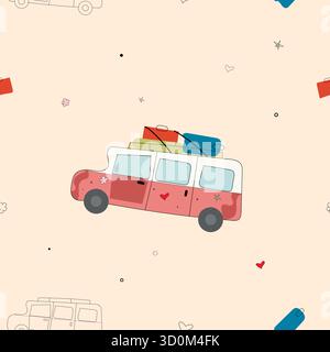 Cute travel van seamless pattern with luggage and hearts in minimal doodle vector style for vacation, road trip, and adventure background designs Stock Vector