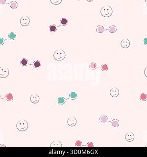 Cute glasses and smiley face seamless pattern in minimal vector style, perfect for fashion accessories, eyewear design, and playful background art Stock Vector