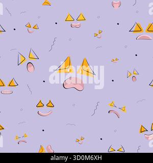 Abstract faces seamless pattern with triangle glasses and expressive shapes, perfect for creative fabric prints, modern backgrounds, and quirky design Stock Vector
