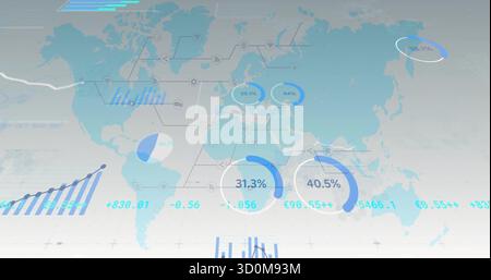 Displaying world map showing circular progress rings, charts and numeric labels in dashboard Stock Photo