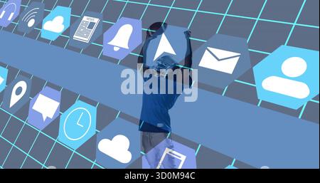 Raising arms man in blue t-shirt, shorts reaching navigation arrow icon in digital grid, with icons Stock Photo