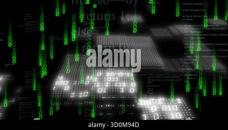 Streaming green binary digits and white code panels forming grid in cyberspace with code fragments Stock Photo