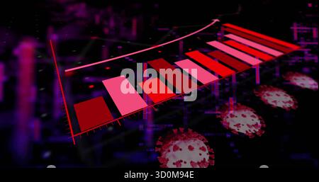 Displaying 3D bar chart with upward arrow rising in circuit grid with neon glow, virus spheres Stock Photo