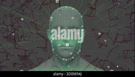 Displaying digital head mesh floating on grid background, with data nodes and network lines Stock Photo