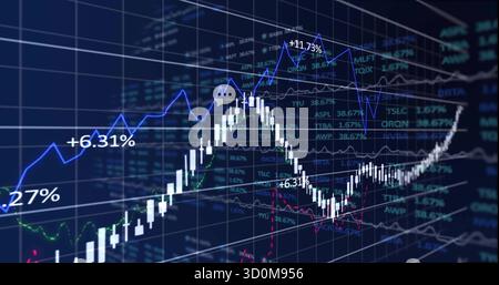 Displaying white candlestick bars rising on 3D trading dashboard, with trend lines and percentages Stock Photo