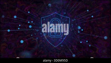 Displaying neon blue shield with padlock icon glowing in cyberspace, radiating lines and particles Stock Photo