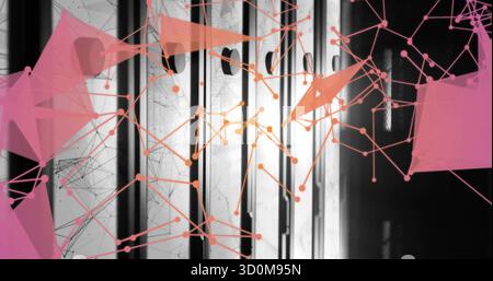 Displaying server cabinets streaming network overlay in data center, with nodes, lines and bays Stock Photo