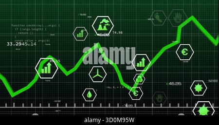 Displaying green trend line fluctuating on dark grid dashboard, with hexagonal data icons and code Stock Photo