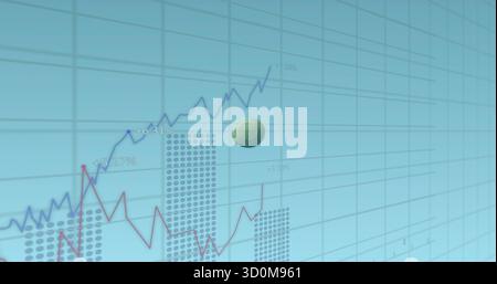 Displaying dashboard grid showing fluctuating blue and red line graphs with metallic green sphere Stock Photo