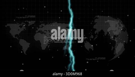 Displaying dotted world map on dark grid interface with cyan lightning fissure and code snippets Stock Photo