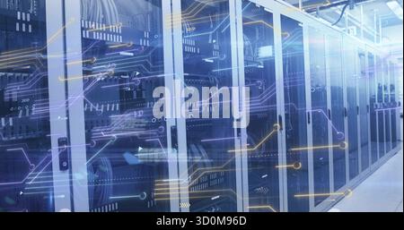 Displaying glass-fronted server cabinets in data center, with bundled cables and digital overlay Stock Photo