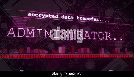Displaying ADMINISTRATOR and encrypted data transfer text on circuit board, featuring progress bar Stock Photo