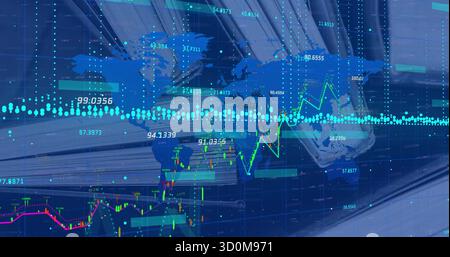 Displaying digital interface with world map, charts and labels over office desk globe and documents Stock Photo