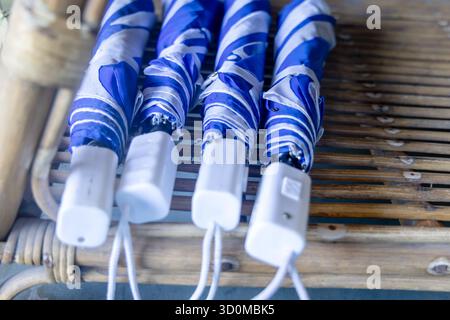 close-up of collapsed umbrellas on a bamboo surface * Stock Photo