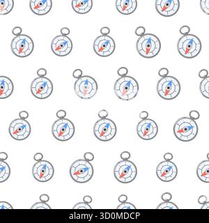 Seamless pattern featuring compasses with red and blue needles symbolizing navigation and adventure. Great for travel themed designs, maps, stationery Stock Vector