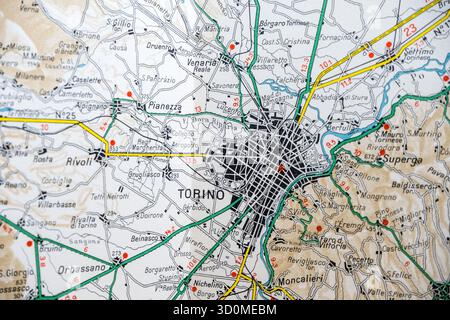 Vintage road map detail centered on Torino (Turin) in Piedmont, Italy. Stock Photo