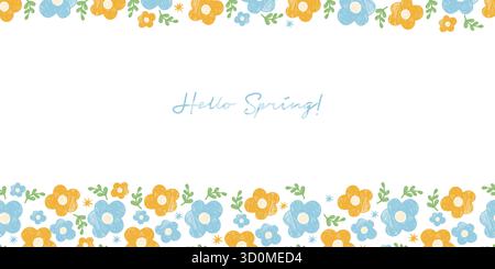Hello Spring. Floral Seamless Border. Crayon Blooming poster with Yellow Blue Flower on White Background. Primitive Textured Hand-drawn Doodles. Vecto Stock Vector