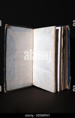 An open book showing blank, simple aged endpapers (flyleaves) and interior pages. The paper is discolored and shows subtle wear. Stock Photo