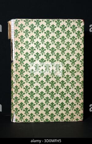 A book cover featuring a clear, repeating pattern of green fleur-de-lis (lily flower) on an aged, off-white background (front and back view). Stock Photo