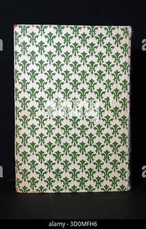 A book cover featuring a clear, repeating pattern of green fleur-de-lis (lily flower) on an aged, off-white background (front and back view). Stock Photo