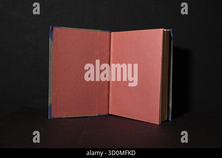 Open book displaying blank endpapers (flyleaves) in a solid, contrasting red/terracotta color. The page block has visible gilded edges (gilt trim). Stock Photo