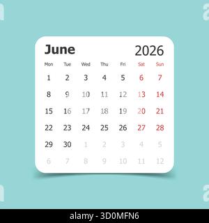 Calendar june 2026 icon in flat style. Planner vector illustration on isolated background. Calender sign business concept. Stock Vector