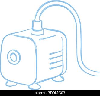Compact electric air pump with an attached flexible hose, outlined in soft blue on a white background. Stock Vector