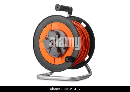 Orange Extension Cord Reel On Metal Stand With Cable Spool And Plug Connectors, Industrial Equipment Stock Photo