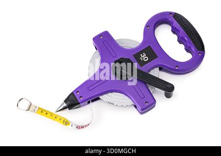 30 meter Purple Measuring Tape Tool With Retractable Tape And Ergonomic Handle with Smooth rolling and running of tape isolated On White Studio Backgr Stock Photo