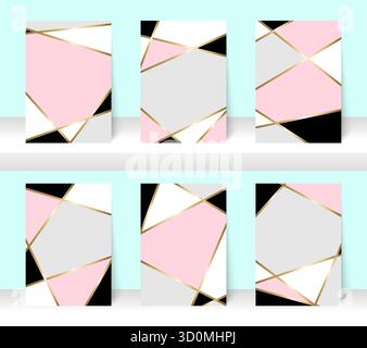 Pastel abstract pattern background with golden line, for business brochure cover design. Pink, white, grey, black and gold vector banner poster templa Stock Vector