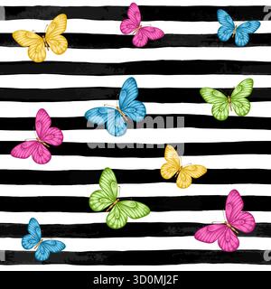 Beautiful seamless background. butterflies on black and white watercolor stripes. design holiday greeting card and invitation of wedding Stock Vector