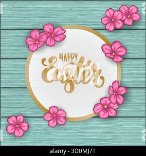 Happy Easter greeting card with flowers pink daisy on blue wooden table. Hand drawn brush pen lettering. design holiday greeting card and invitation Stock Vector