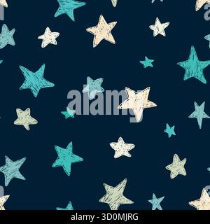 Beautiful black and white seamless night sky pattern with doodle textured stars, hand drawn. Stock Vector