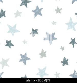Vector kids pattern with doodle textured stars. Vector seamless background, black, gray, white, scandinavian style Stock Vector