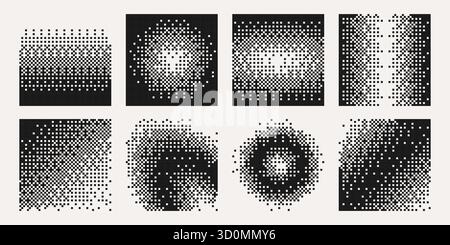 Pixel gradient gradation textures with halftone dots and squares for digital art backgrounds. Black geometric patterns on white surfaces. Abstract mosaic transitions with bitmap effects and elements. Stock Vector