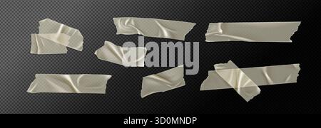 Beige tape strips with sticker wrinkles and patch textures for realistic adhesive mockup design. Crumpled masking pieces with folded corners and torn edges. Sticky labels on transparent background. Stock Vector