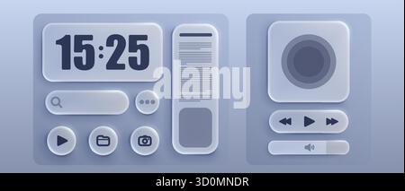 Liquid glass panels with frosted blur for ui components and player controls with clock display. Search bar, media buttons and volume slider in neumorphism style. interface kit with translucent overlay Stock Vector