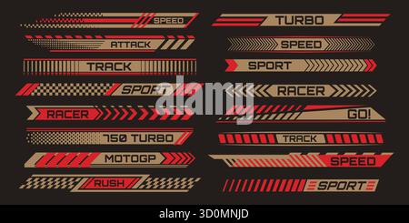 Motorcycle racing stripe sticker set in red and brown color on black background. Horizontal decals with geometric checkered patterns, speed lines and sporty typography for vehicle body customization. Stock Vector