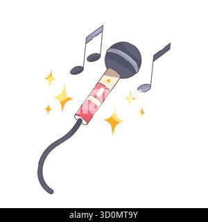 Microphone for sound record or mic with notes. Vector device for artist or singer voice recording. MC speech item. Beatbox and boombox, rap performance symbol. Karaoke and party, club rap vocal sign. Stock Vector