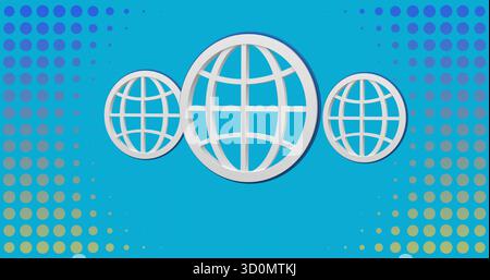 Displaying design showing three wireframe globes on blue with halftone dot gradient Stock Photo