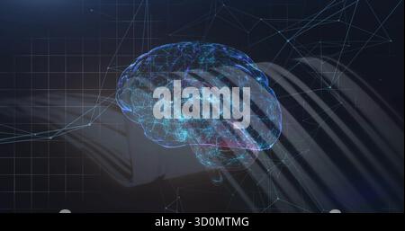 Floating 3D brain hologram projecting glowing network nodes over dark grid backdrop, visualization Stock Photo