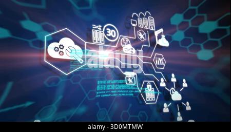 Showing cloud gear icon linking to data center in digital network with padlock and code overlay Stock Photo