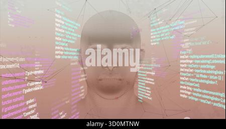 Displaying 3D wireframe head rotating in data space, with floating code snippets and network lines Stock Photo