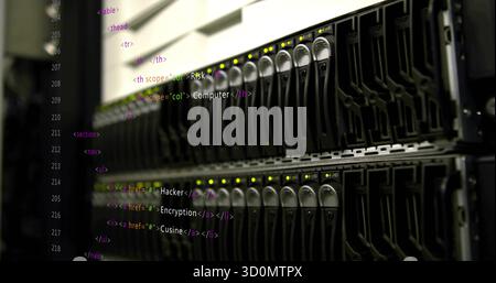 Showing server rack featuring hot-swappable drive bays in data center, with HTML code overlay Stock Photo