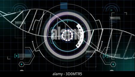 Displaying DNA double helix with rotating circular HUD on digital lab grid, with hexagon modules Stock Photo