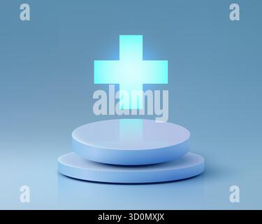 3D bright cyan plus sign, symbolizing health and wellness, floating over a modern light blue cylindrical stage. medical clean, minimal mockup healthca Stock Vector