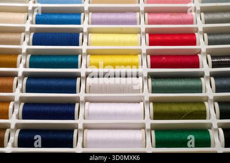 spools of multicolored sewing thread. Top view Stock Photo