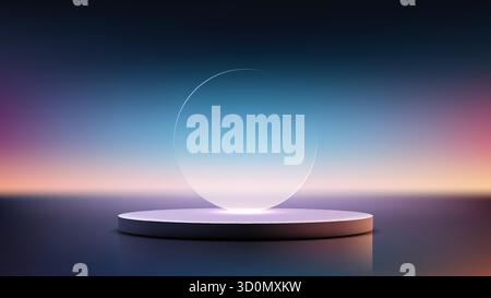 vibrant digital environment for product advertising. clear glass circle and circular podium set against a vivid gradient background to showcase futuri Stock Vector