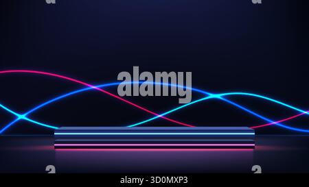 Neon Light Product Display Podium Minimalist Futuristic Tech Showcase Mockup with Intertwining Red and Blue Sine Waves on a Dark Background for Advert Stock Vector